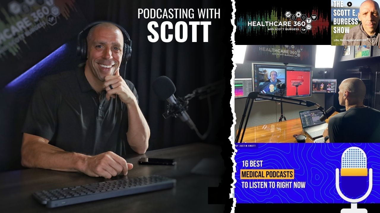 Scott E. Burgess podcast guest at desk, ready to share high-energy conversations on health, functional mushrooms, and executive performance.