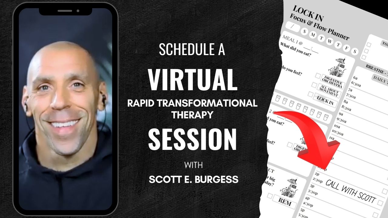 Scott E. Burgess on video call for Virtual RTT session with CTA to schedule online rapid transformational therapy from anywhere.