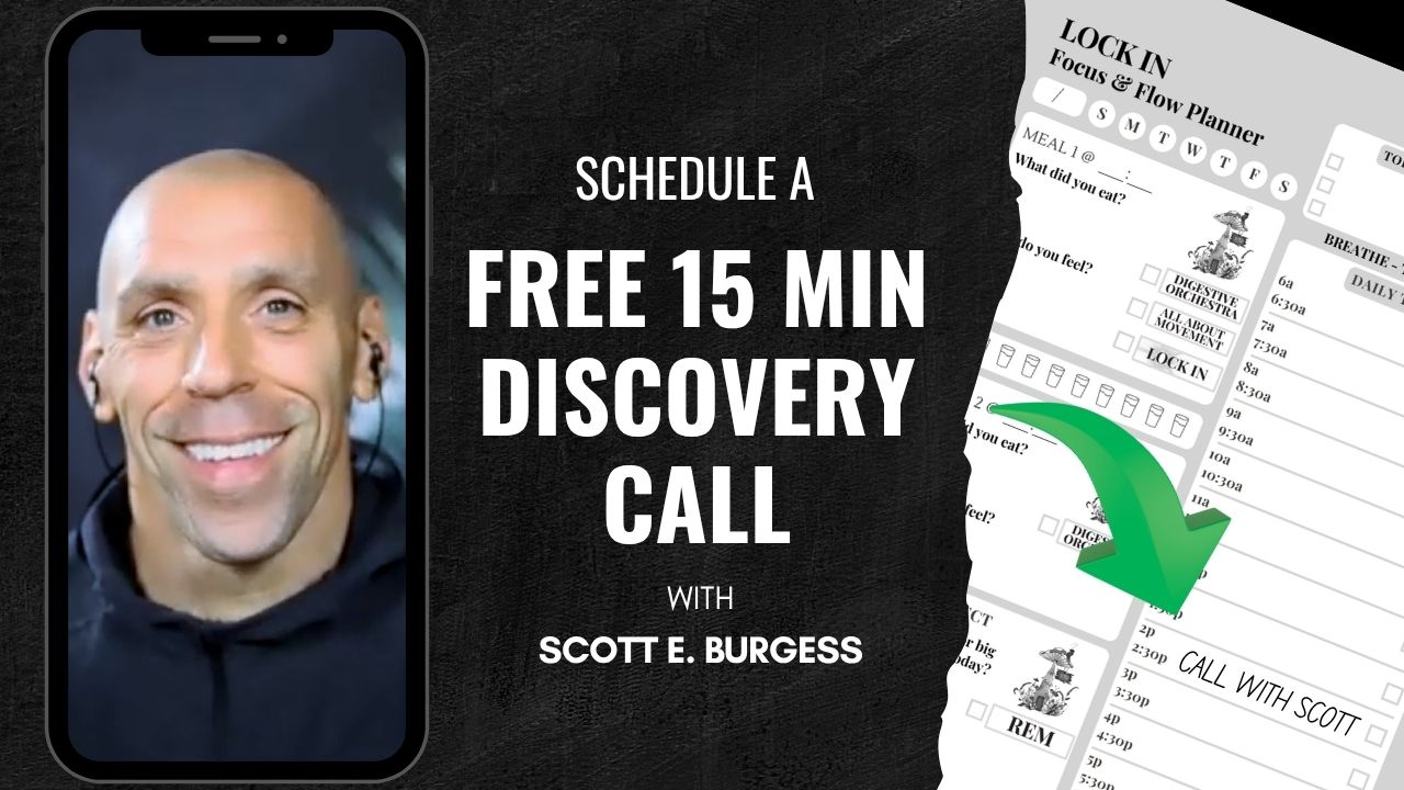 Scott E. Burgess on virtual Zoom call with LOCK IN quarterly planner open, header image for booking a free 15-min discovery call at a set time.
