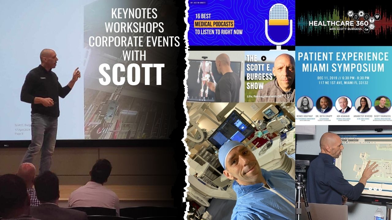 Main header collage of Scott E. Burgess - teaching at events, in hospital scrubs, and podcasting - showcasing expertise as a dynamic speaker.