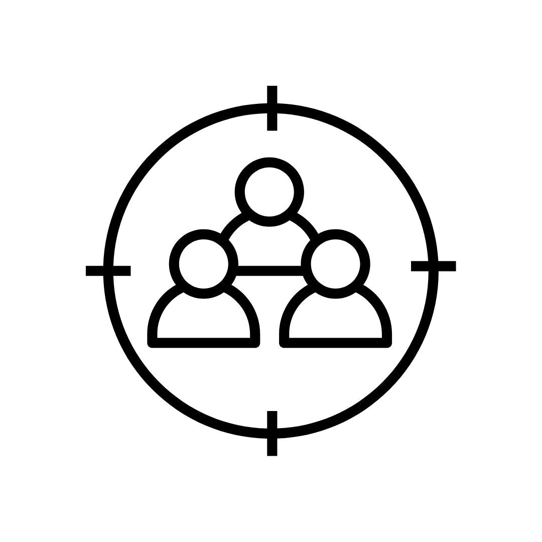 Icon of people and target symbolizing speaker request process - clarifying audience, goals, constraints, outcomes, and success metrics.