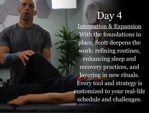 Scott E. Burgess Immersion Day 4 Integration — personalized in-home practice with meals, movement, and focus on habit building.