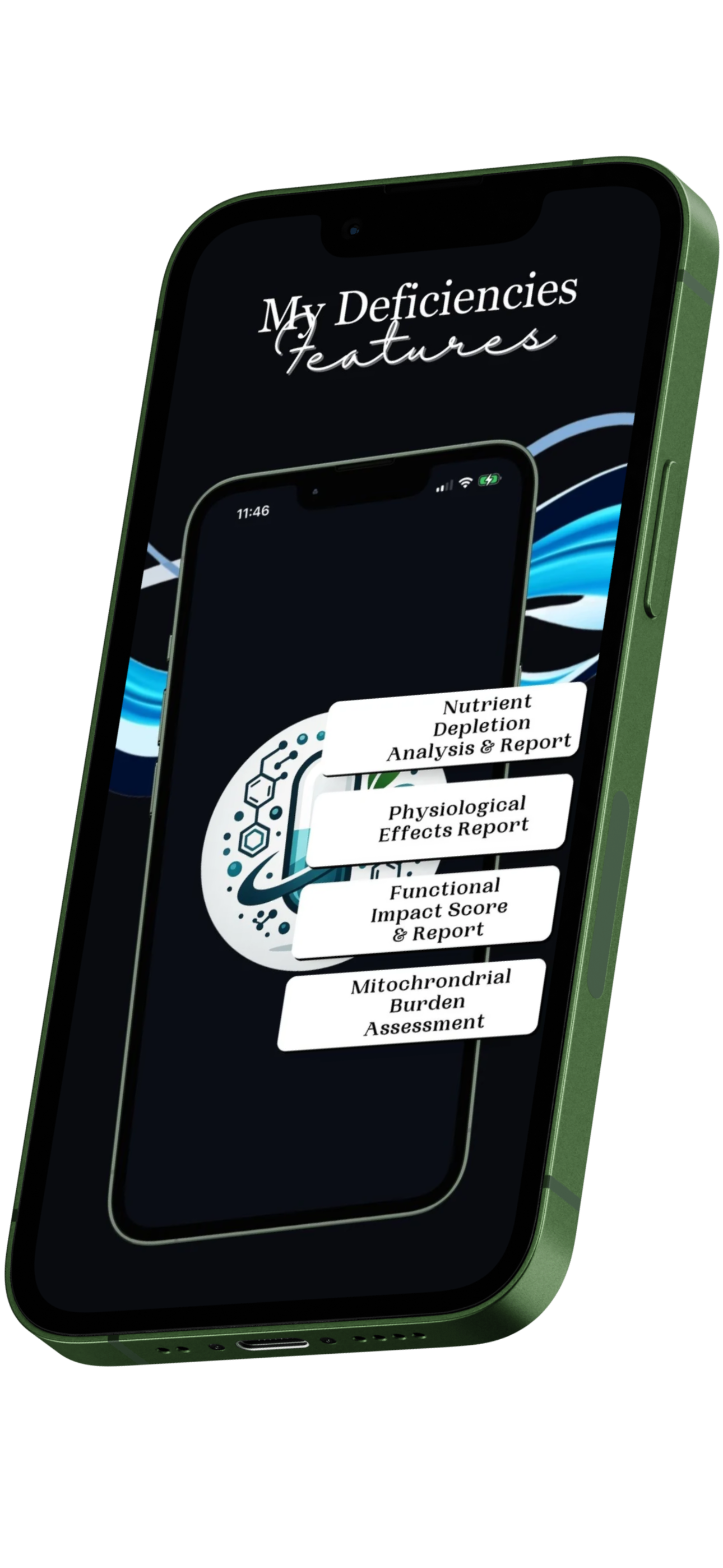 Phone displaying the My Deficiencies app by Scott E. Burgess, a clarity tool that reveals nutrient gaps from medications and lifestyle choices.