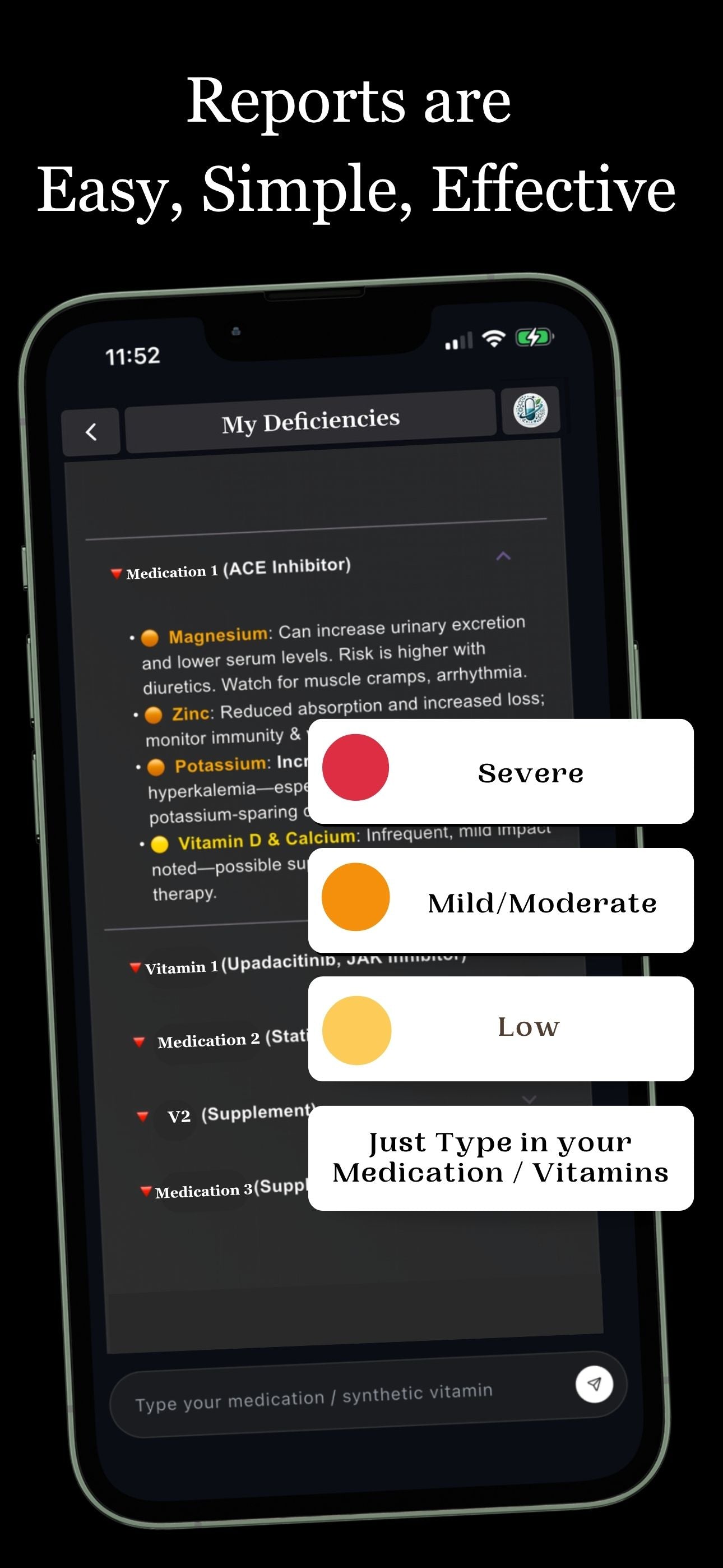 MyDeficiencies app report showing severity badges and documented nutrient depletions with peer-reviewed citations for clarity and action.