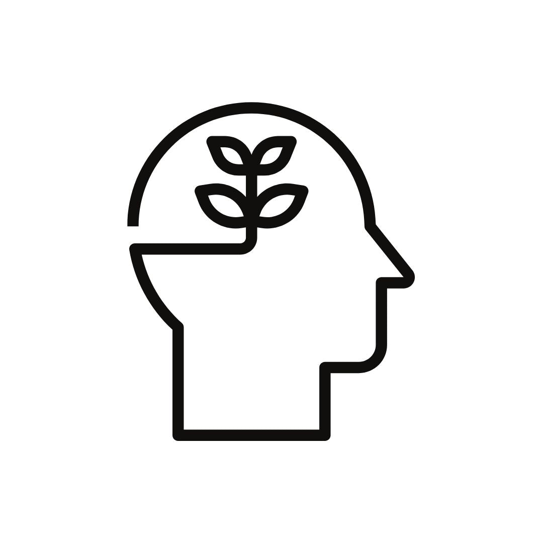 Head icon filled with green leaves symbolizing self-paced learning, personal growth, and lasting change through holistic tools